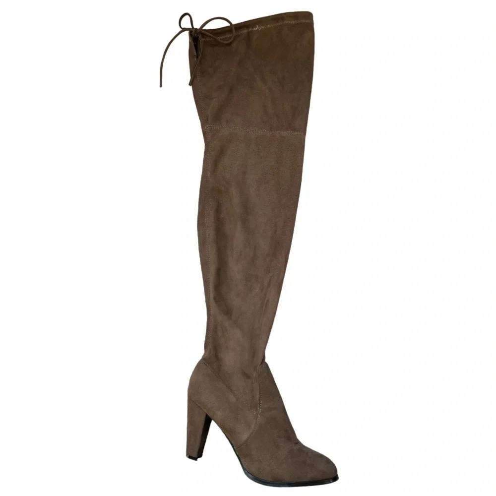 Sexy Thigh High Boots Chunky Heel Over Knee Suede Tie Brown Almond Toe Size 8.5